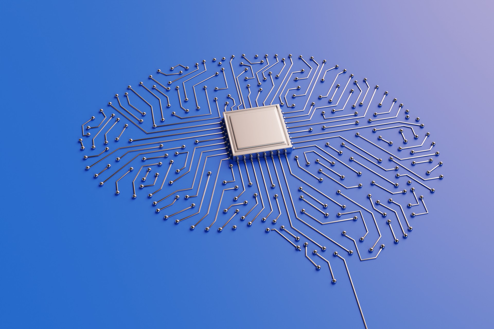 High tech advanced CPU computer processor connecting to different welding points on PCB in human brain shape. Illustration of the concept of artificial intelligence, generative AI and brain chips